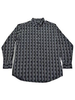 Metro Concepts Button Up Shirt Mens Size Large Black Geometric Strip Long Sleeve